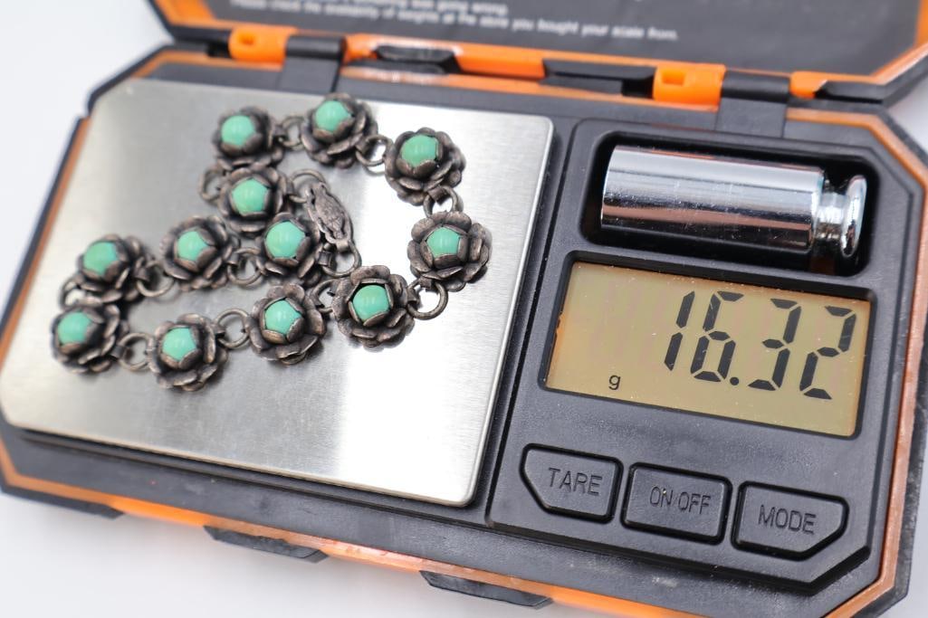 Vintage Sterling Silver Turquoise Floral Bracelet & Cuff Set - 8