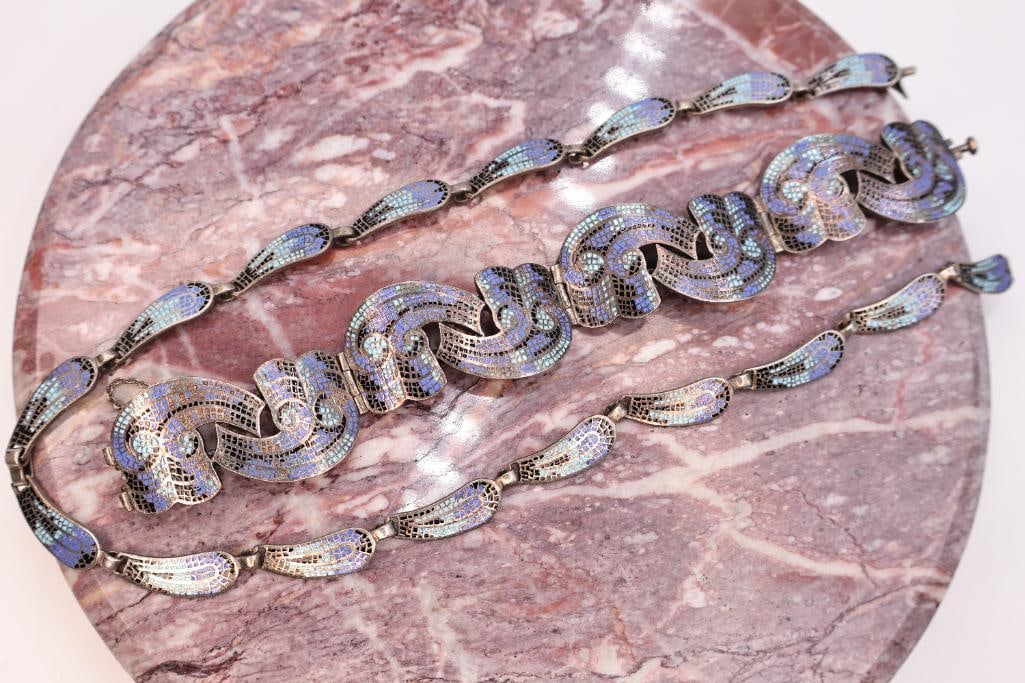 Art Deco Style Micro Mosaic Necklace, Bracelet & Link Bracelet Jewelry Set Lot Description:: Elegant Art Deco style jewelry grouping featuring a striking micro mosaic necklace with matching bracelet and coordinating link bracelet. Each piece is adorned with intricate iridescent mosaic tile