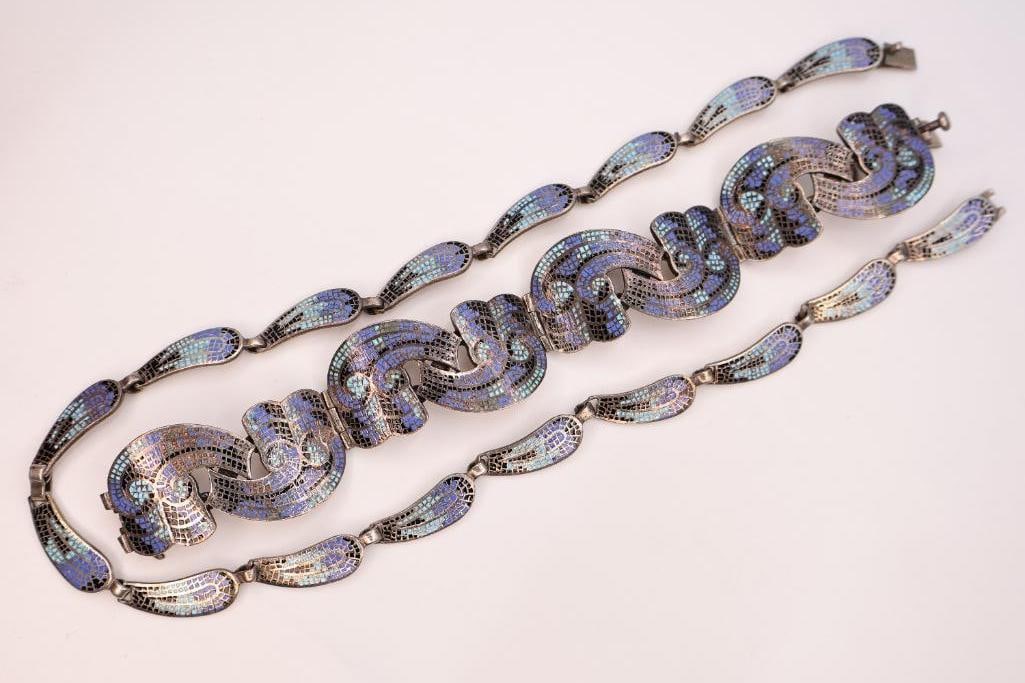 Art Deco Style Sterling Silver Taxco Bracelet and Coordinating Necklace - 2