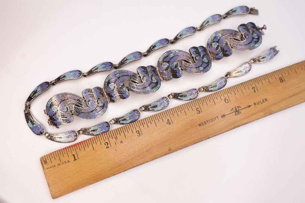 Art Deco Style Sterling Silver Taxco Bracelet and Coordinating Necklace - 3