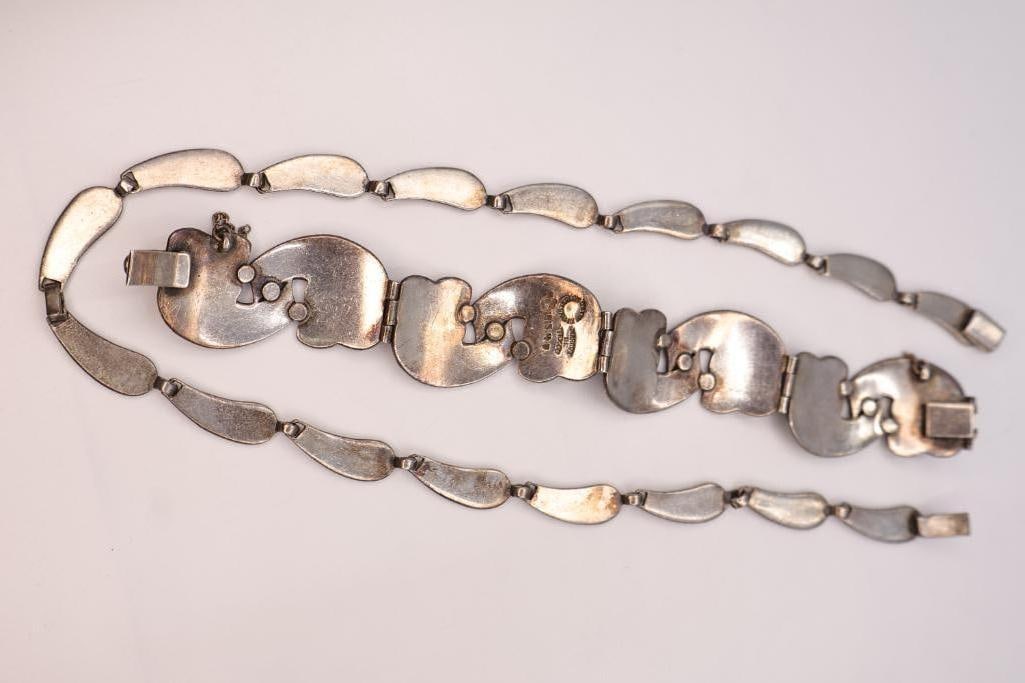 Art Deco Style Sterling Silver Taxco Bracelet and Coordinating Necklace - 4