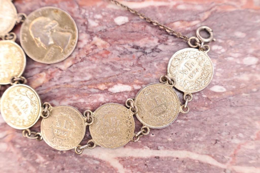 Coin Bracelet & Sterling Heart Bracelet Lot - 11