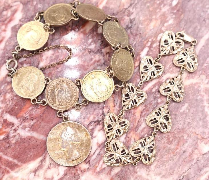 Coin Bracelet & Sterling Heart Bracelet Lot: Vintage jewelry lot including unique coin bracelet and sterling silver .925 heart link bracelet.