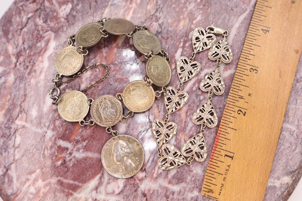 Coin Bracelet & Sterling Heart Bracelet Lot - 2