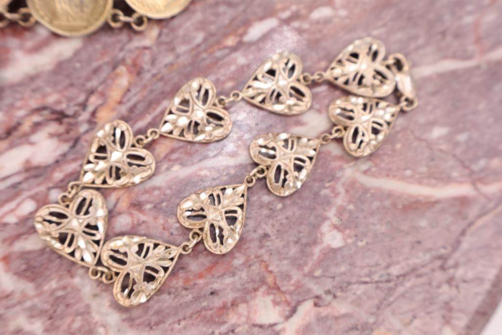 Coin Bracelet & Sterling Heart Bracelet Lot - 3