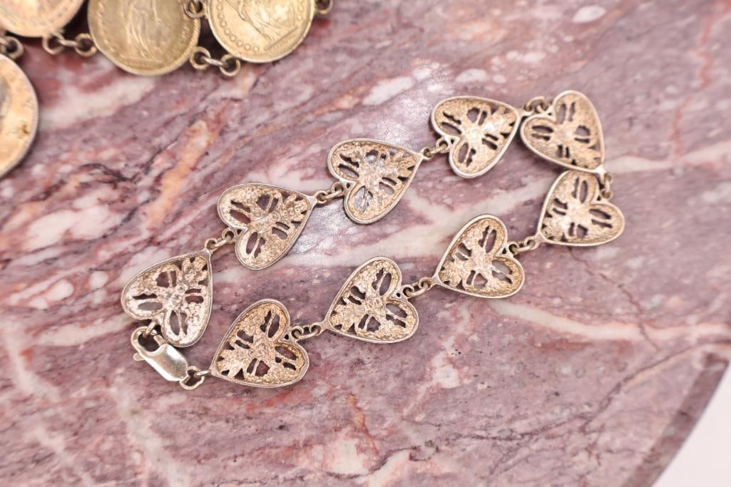 Coin Bracelet & Sterling Heart Bracelet Lot - 4
