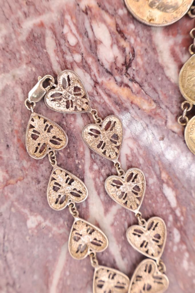 Coin Bracelet & Sterling Heart Bracelet Lot - 5