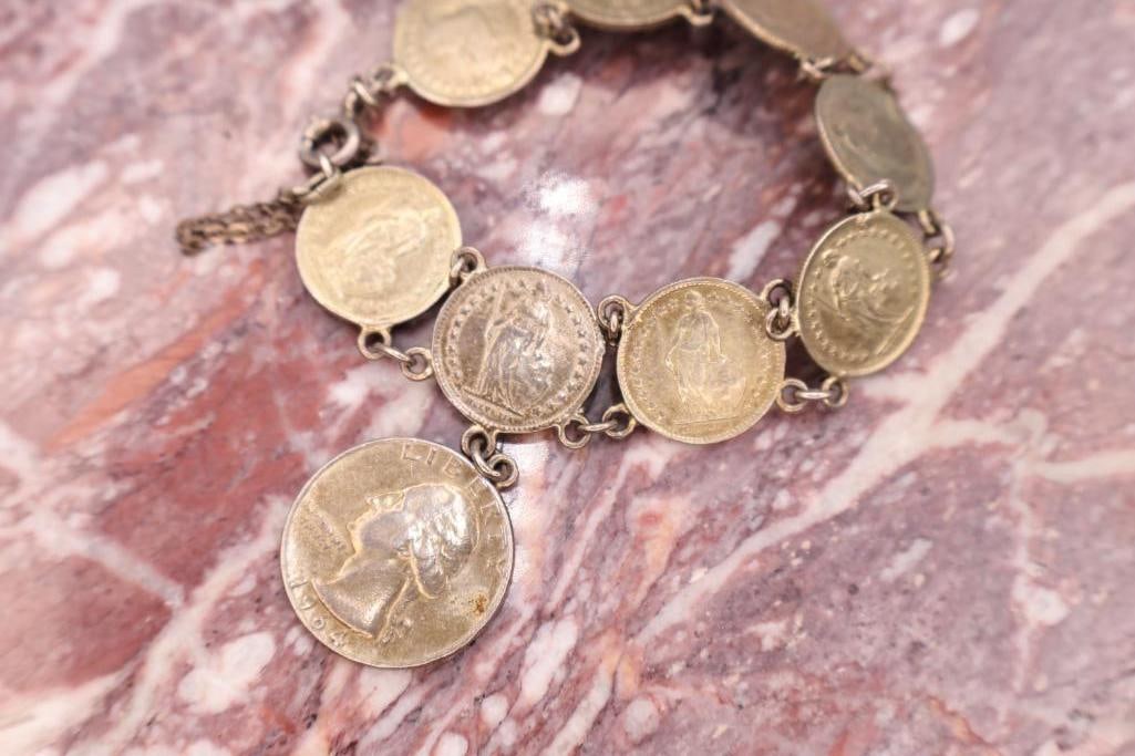 Coin Bracelet & Sterling Heart Bracelet Lot - 7