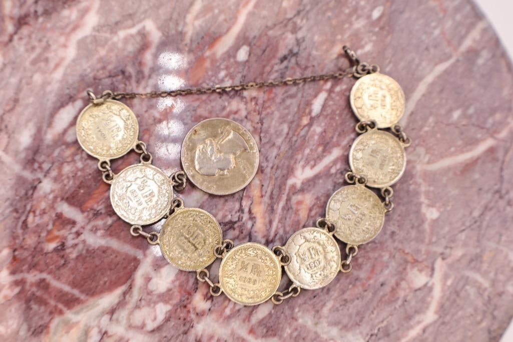 Coin Bracelet & Sterling Heart Bracelet Lot - 8