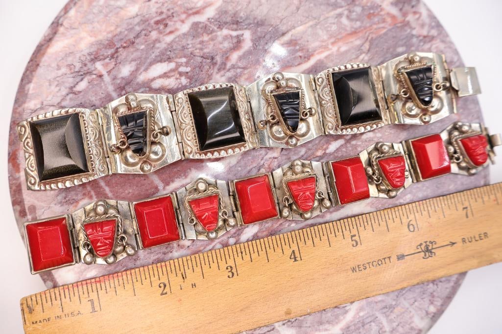Pair of Vintage Southwestern Sterling Silver Bracelets with Black & Red Inlay Accents - 2