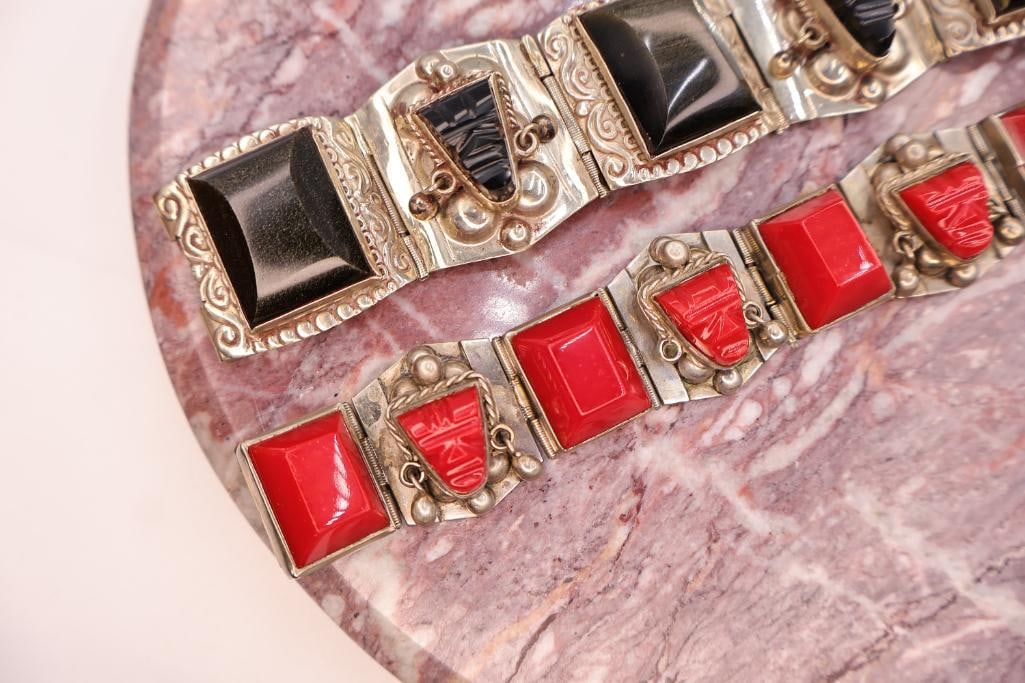 Pair of Vintage Southwestern Sterling Silver Bracelets with Black & Red Inlay Accents - 3
