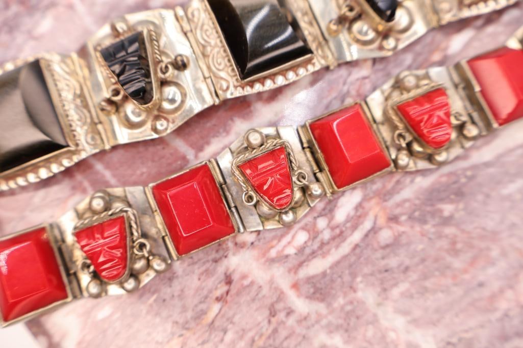 Pair of Vintage Southwestern Sterling Silver Bracelets with Black & Red Inlay Accents - 4