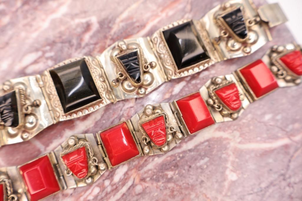 Pair of Vintage Southwestern Sterling Silver Bracelets with Black & Red Inlay Accents - 5