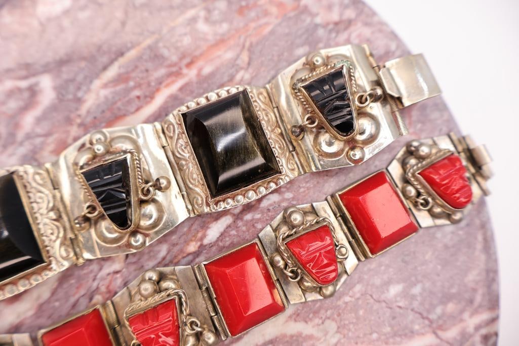 Pair of Vintage Southwestern Sterling Silver Bracelets with Black & Red Inlay Accents - 6