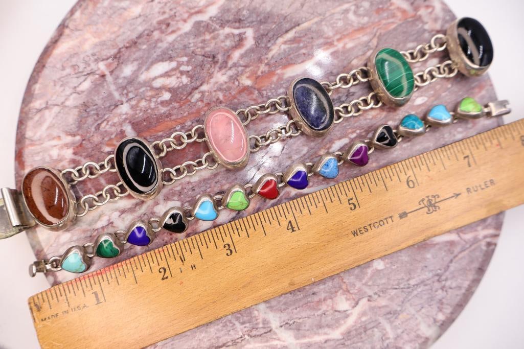 Pair of Sterling Silver Gemstone Bracelets Including Multi-Stone Link Bracelet - 2
