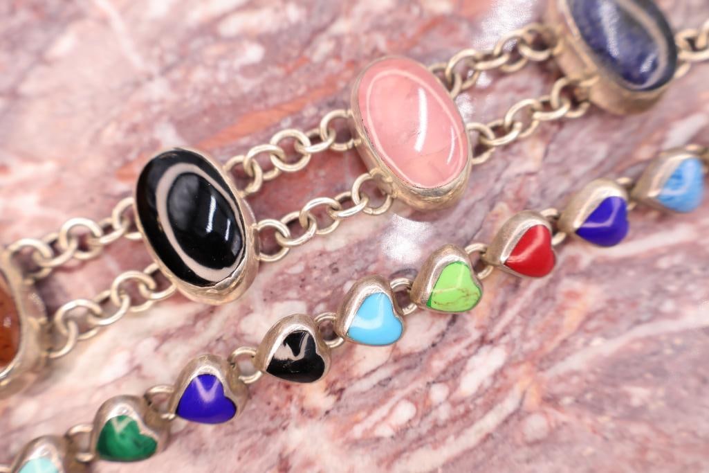 Pair of Sterling Silver Gemstone Bracelets Including Multi-Stone Link Bracelet - 4