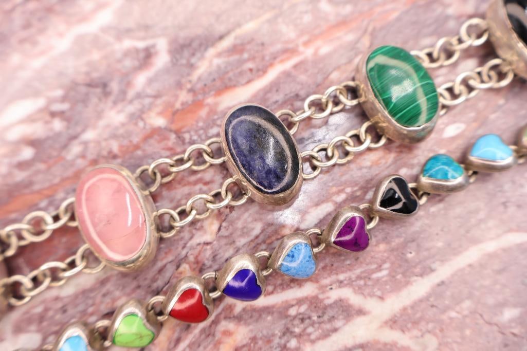 Pair of Sterling Silver Gemstone Bracelets Including Multi-Stone Link Bracelet - 5
