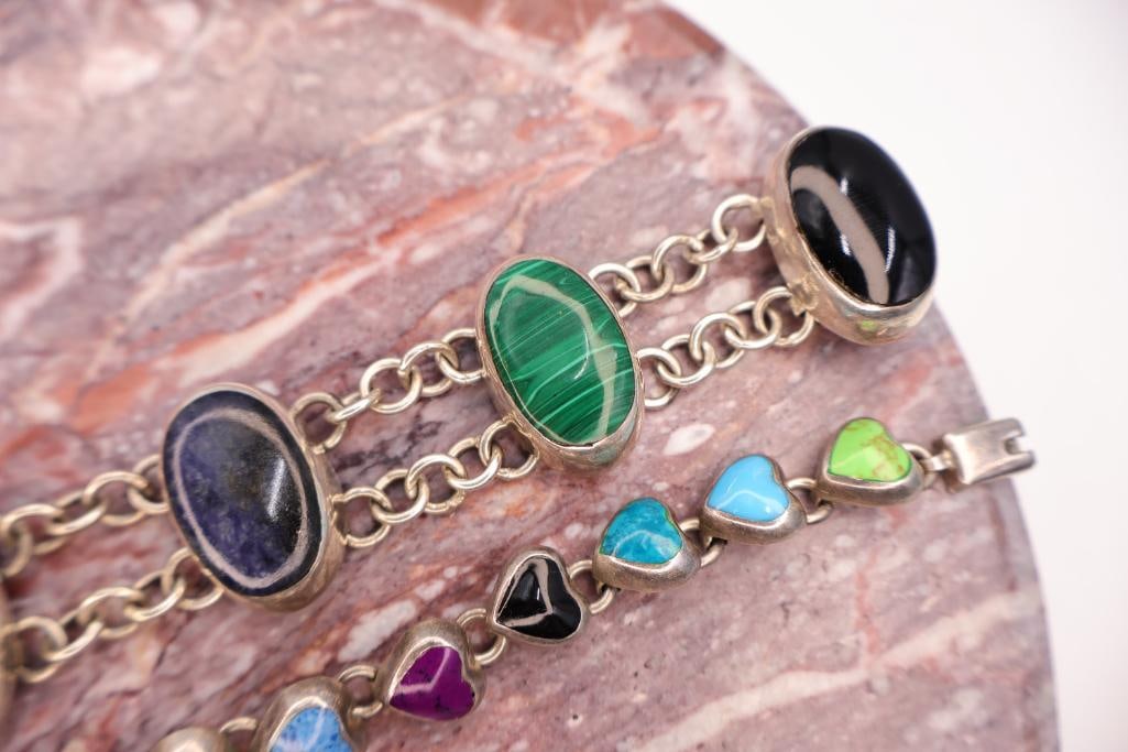 Pair of Sterling Silver Gemstone Bracelets Including Multi-Stone Link Bracelet - 6