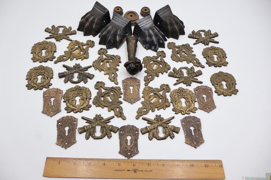 Large Collection of Antique Brass Furniture Escutcheons & Hardware - 2
