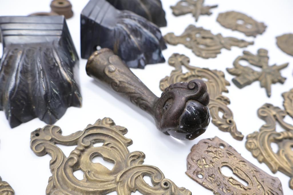 Large Collection of Antique Brass Furniture Escutcheons & Hardware - 6