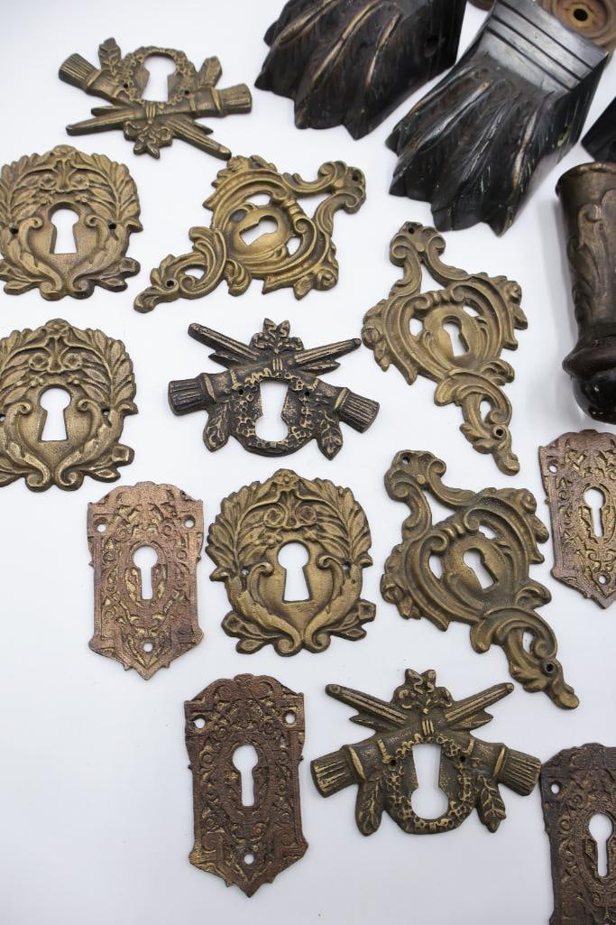 Large Collection of Antique Brass Furniture Escutcheons & Hardware - 7