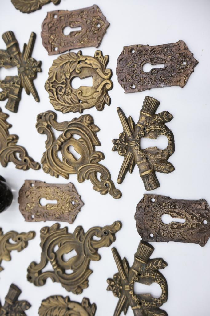 Large Collection of Antique Brass Furniture Escutcheons & Hardware - 8