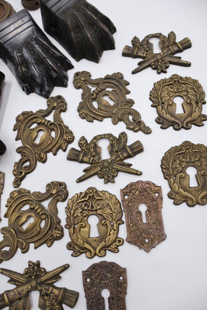 Large Collection of Antique Brass Furniture Escutcheons & Hardware - 9