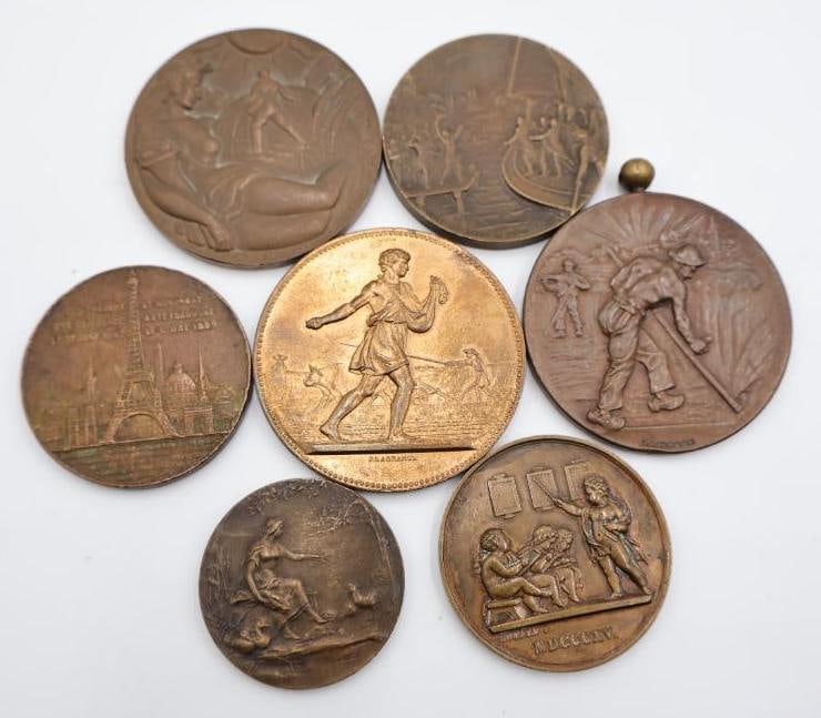 Vintage Bronze Tone Art Medallions & Commemorative Medal Lot: Collection of vintage bronze tone commemorative art medallions featuring classical figures, architectural scenes, agricultural motifs, and historical imagery. Includes detailed relief examples with va