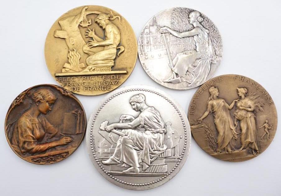 Vintage Bronze Tone Commemorative Art Medallions Lot: Collection of vintage bronze tone art medallions and commemorative medals featuring classical figures, architectural scenes, maritime imagery, and allegorical designs. Includes detailed relief work wi