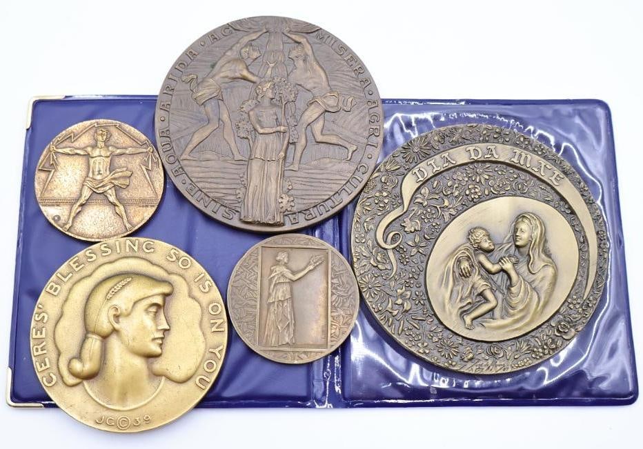 Vintage Religious & Commemorative Medallions Collection: Collection of vintage religious and commemorative medallions including Madonna and child examples, inspirational medals, and international commemorative pieces with detailed relief artwork. Includes m