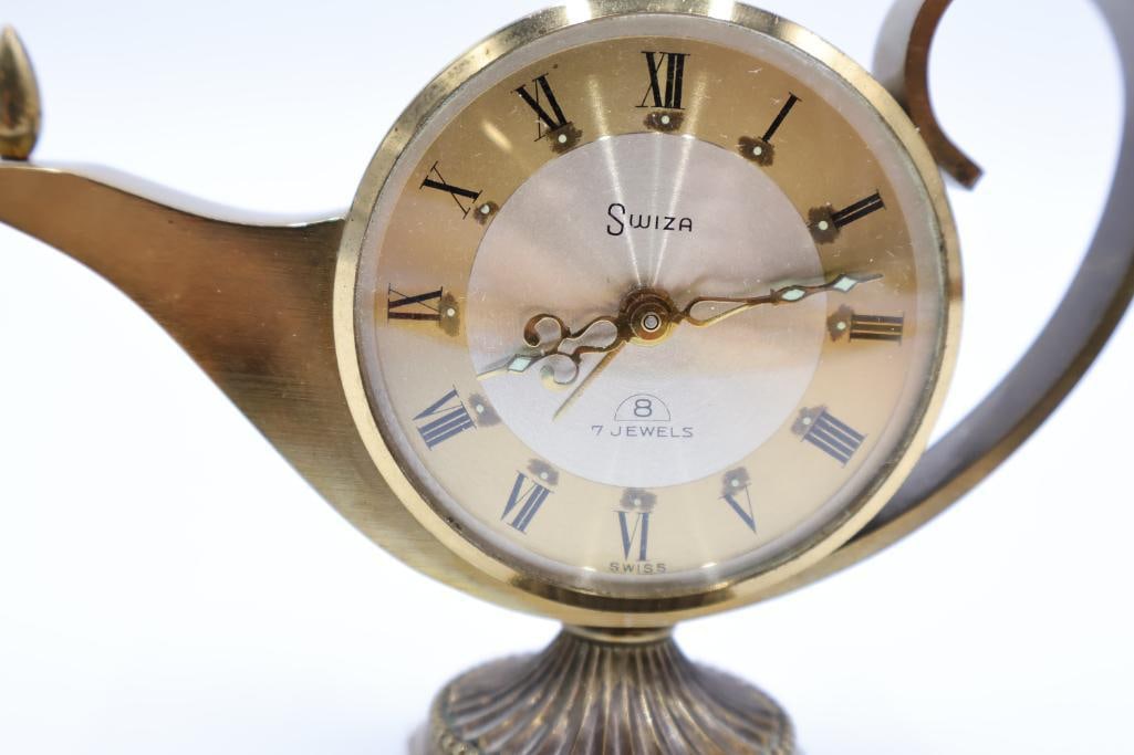 Vintage Swiza Brass Aladdin Lamp Desk Clock - 2