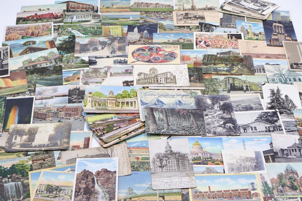 Large Vintage Postcard & Souvenir Folder Collection: Large assortment of vintage postcards and souvenir postcard folders featuring cityscapes, landmarks, architecture, scenic views, World's Fair imagery, and travel destinations from across the United St