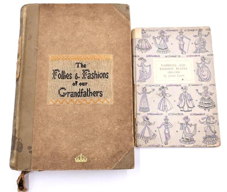 Antique & Vintage Fashion History Books: Lot of 2 Fashion History Books (Antique & Vintage): Features (1) The Follies & Fashions of Our Grandfathers (1886) by Andrew W. Tuer, a substantial Victorian volume with a unique embroidered c