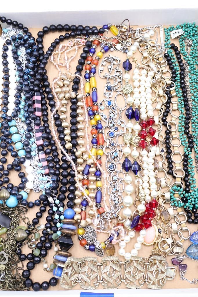 Large Vintage Costume Jewelry Necklace & Bracelet Collection: Extensive collection of vintage costume jewelry including beaded necklaces, faux pearls, rhinestone accents, chain link bracelets, colorful glass beads, statement pieces, and fashion jewelry in a wide