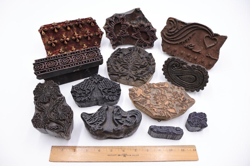 Assorted Antique Carved Textile Printing Blocks & Folk Art Stamps - 2
