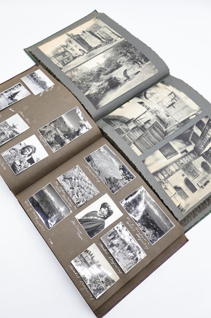 Vintage Travel Photograph Album & Snapshot Collection: Wonderful vintage photograph album filled with black-and-white travel snapshots, scenic landscapes, architectural views, and personal portrait photography. Features carefully mounted photographs with