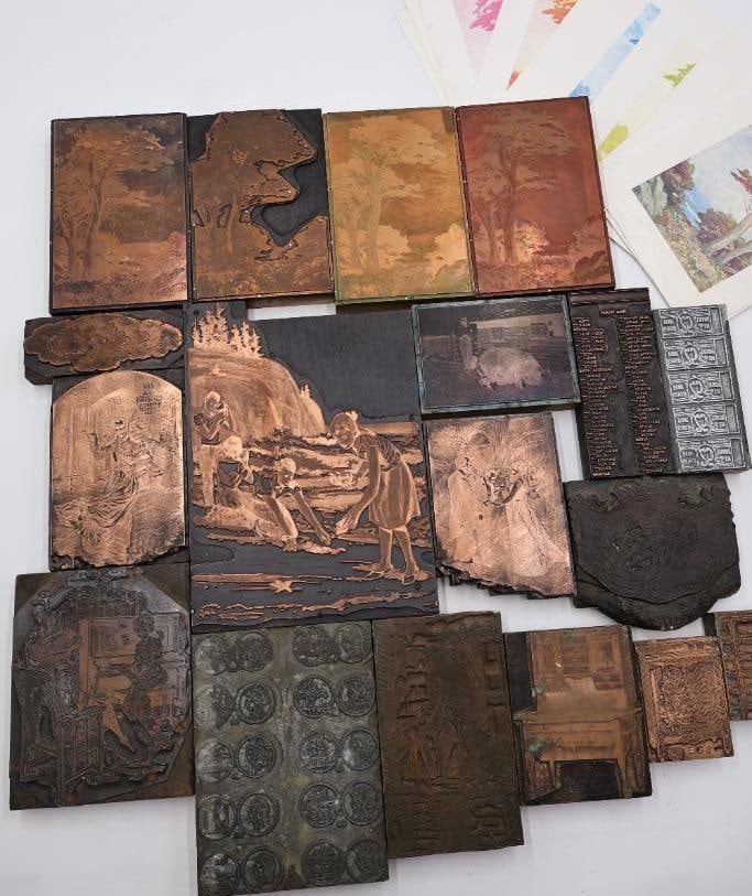 Large Collection of Antique Copper Printing Plates, Engraving Blocks & Letterpress Dies: Extensive collection of antique and vintage printing plates, engraving blocks, and letterpress dies featuring a wide variety of imagery and subjects. Included are copper and metal plates depicting lan