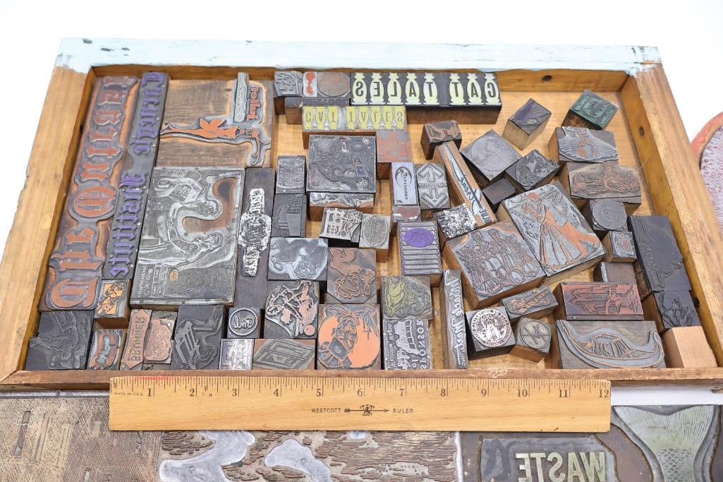 Large Vintage Printing Plate Collection with Letterpress Blocks & San Francisco Streetcar Scene - 14