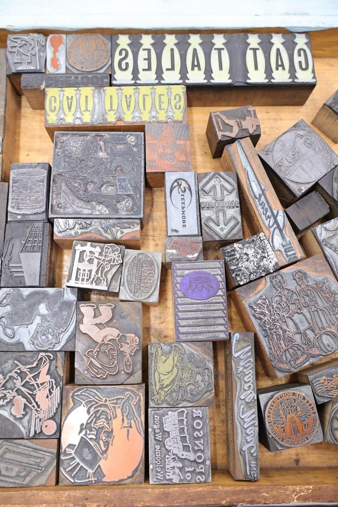 Large Vintage Printing Plate Collection with Letterpress Blocks & San Francisco Streetcar Scene - 17
