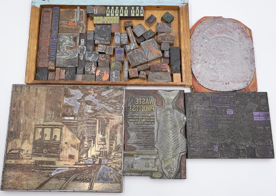 Large Vintage Printing Plate Collection with Letterpress Blocks & San Francisco Streetcar Scene: Features copper and metal plates with strong industrial character, intricate etched detail, and rich aged patina throughout. A fantastic lot for printmakers, assemblage artists, graphic design collect