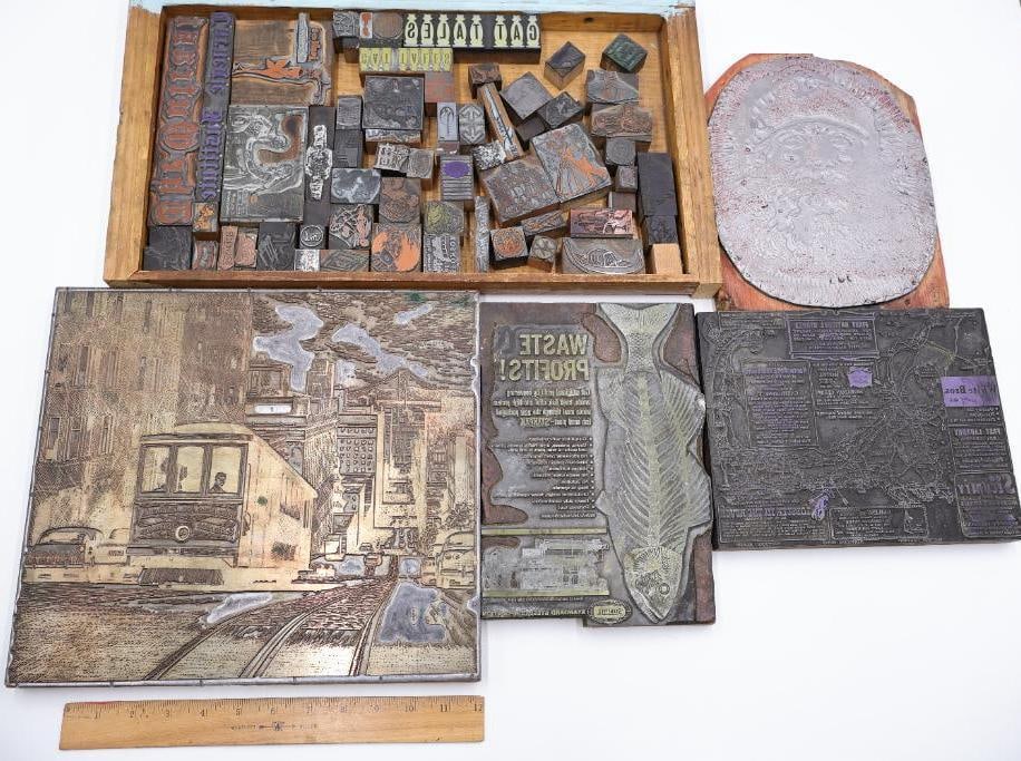 Large Vintage Printing Plate Collection with Letterpress Blocks & San Francisco Streetcar Scene - 2