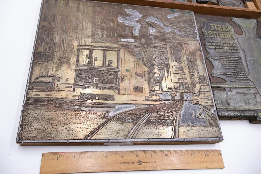 Large Vintage Printing Plate Collection with Letterpress Blocks & San Francisco Streetcar Scene - 3