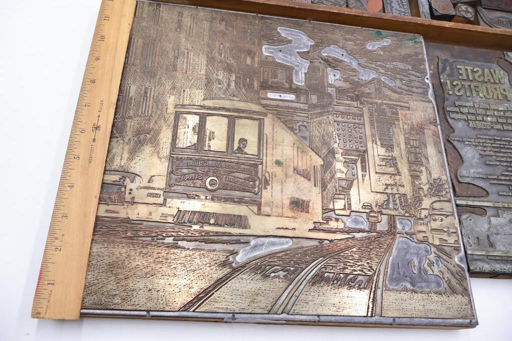 Large Vintage Printing Plate Collection with Letterpress Blocks & San Francisco Streetcar Scene - 4