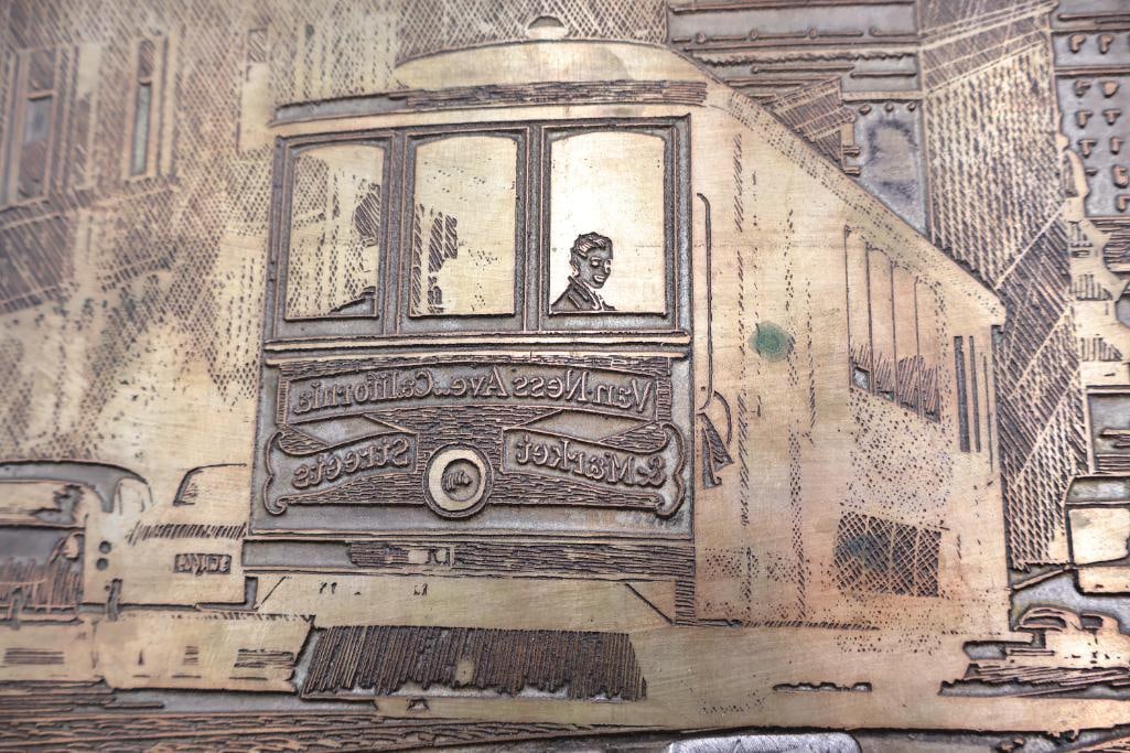 Large Vintage Printing Plate Collection with Letterpress Blocks & San Francisco Streetcar Scene - 5