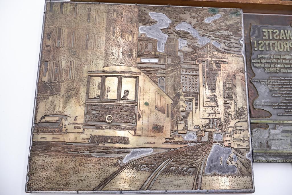 Large Vintage Printing Plate Collection with Letterpress Blocks & San Francisco Streetcar Scene - 6