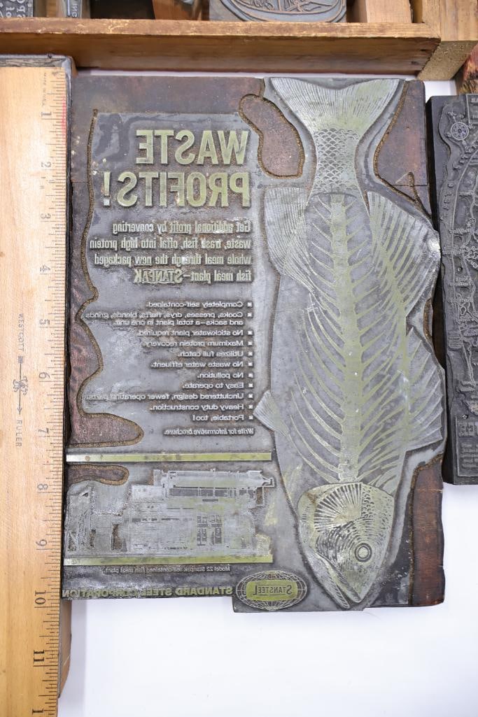 Large Vintage Printing Plate Collection with Letterpress Blocks & San Francisco Streetcar Scene - 7