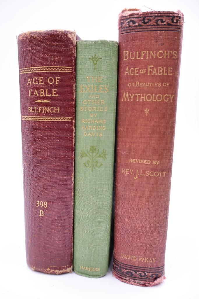 Collection of Antique & Vintage Mythology and Literary Books: Collection of antique and vintage hardcover literary works including multiple editions of Bulfinchs Age of Fable or Beauties of Mythology and The Exiles and Other Stories by Richard Harding Davis. Fea