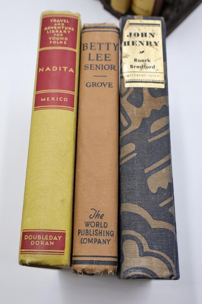 Collection of Vintage & Antique Hardcover Books with Carved Wood Bookends - 12