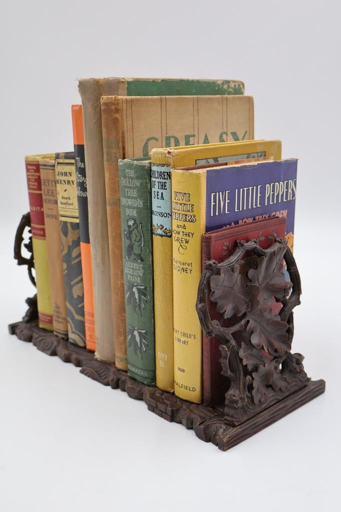 Collection of Vintage & Antique Hardcover Books with Carved Wood Bookends - 2