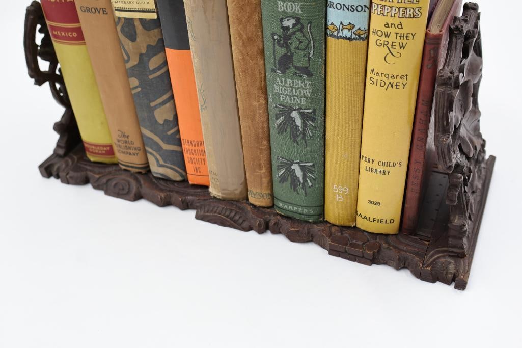 Collection of Vintage & Antique Hardcover Books with Carved Wood Bookends - 4